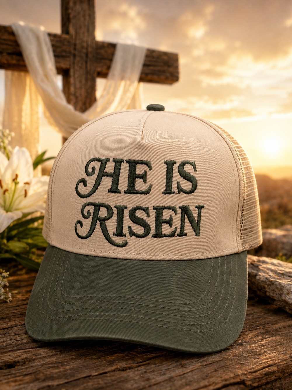 Zenana Outfitters Beige and Olive Green 'He Is Risen' Trucker Hat